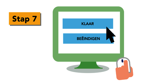 Op het computerscherm wordt er geklikt op de knoppen 'Klaar' en 'Beëindigen'.