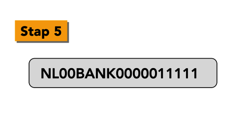 Op het beeldscherm is een voorbeeld van een IBAN-nummer te zien. Alles is aan elkaar geschreven. 